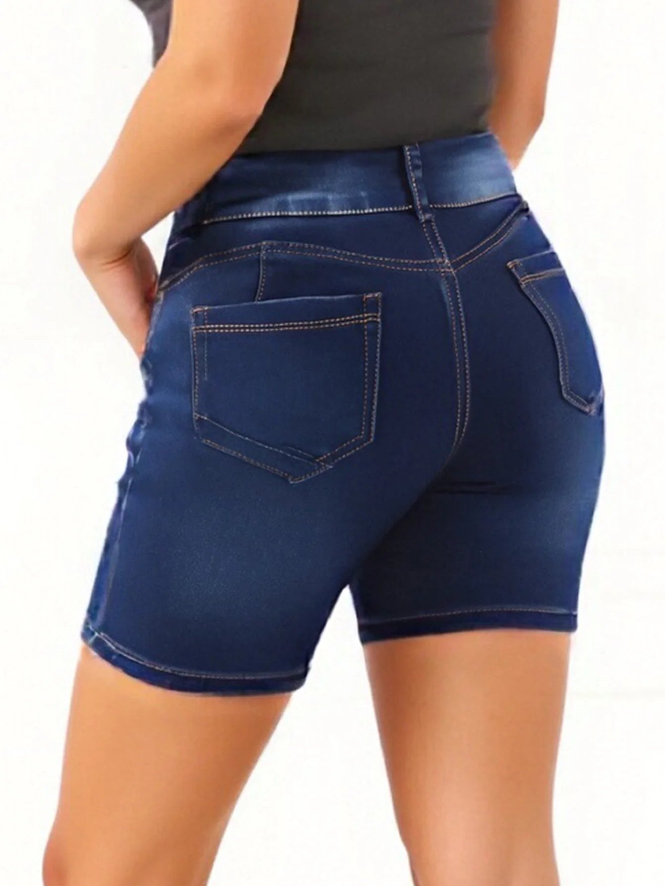 Women's Classic Medium-Wash Blue Versatile Denim Shorts - Stretchy Comfort, High-Waisted Fit, Perfect for Daily Casual Wear
