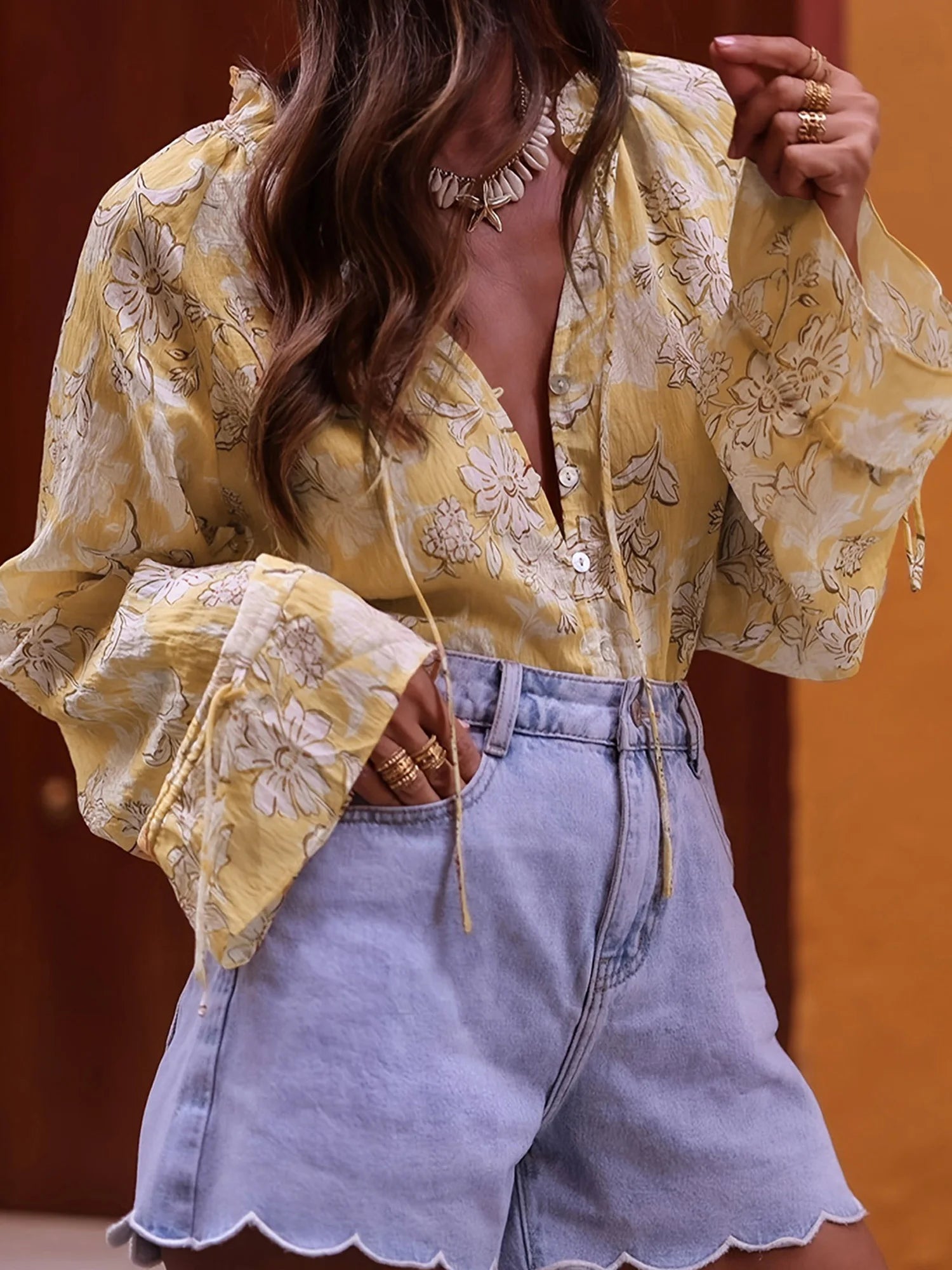 Women s Fashion Boho Floral Print Blouse V Neck Button Down Long Sleeve Tie Front Casual Shirt Top