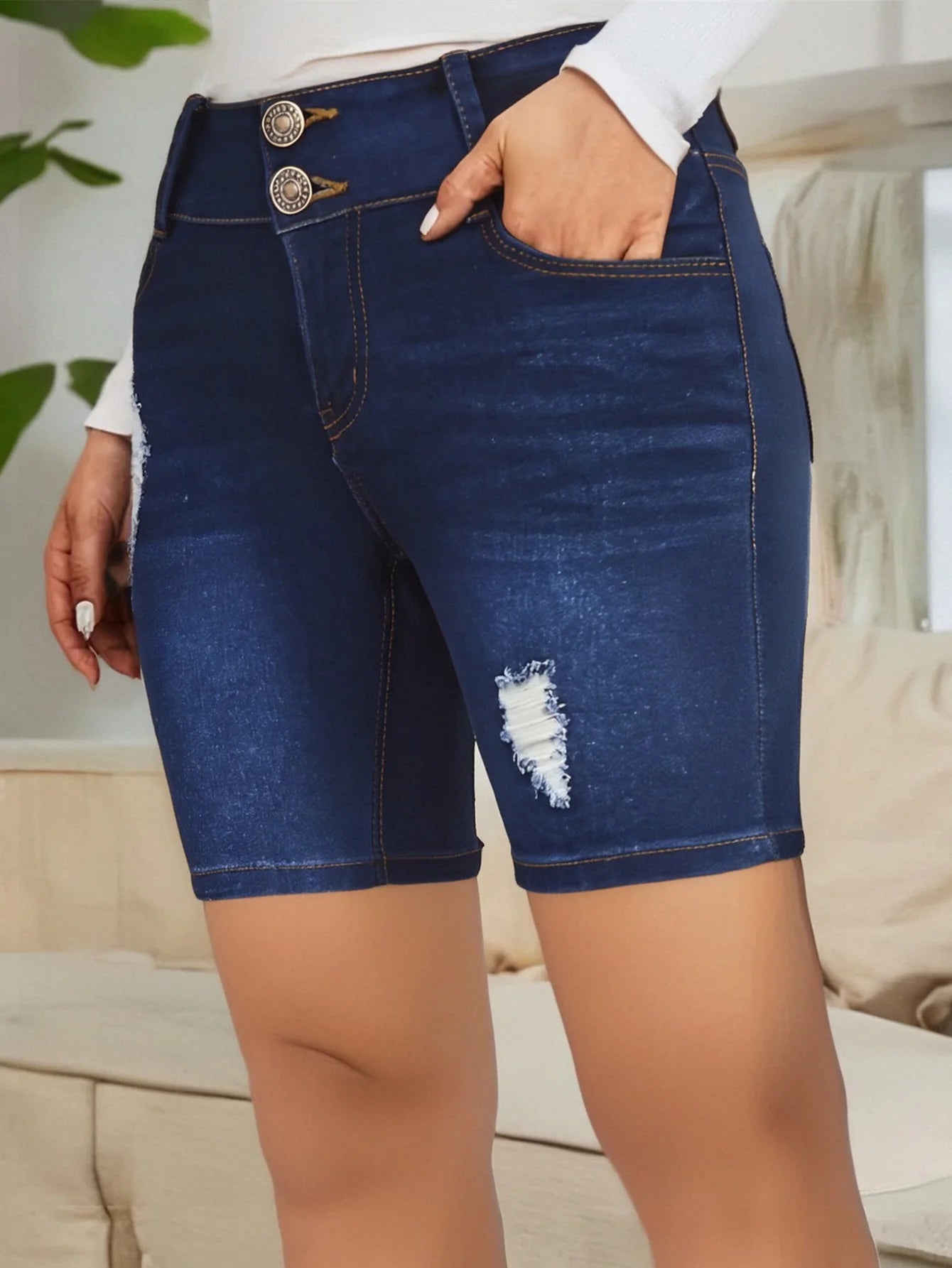 Women's Classic Medium-Wash Blue Versatile Denim Shorts - Stretchy Comfort, High-Waisted Fit, Perfect for Daily Casual Wear