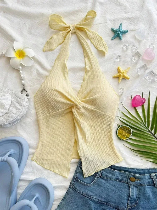 Yellow V-neck Halter Neck Top for Women Summer Y2K Clothes Sexy Sleeveless Backless Crop Top Streetwear