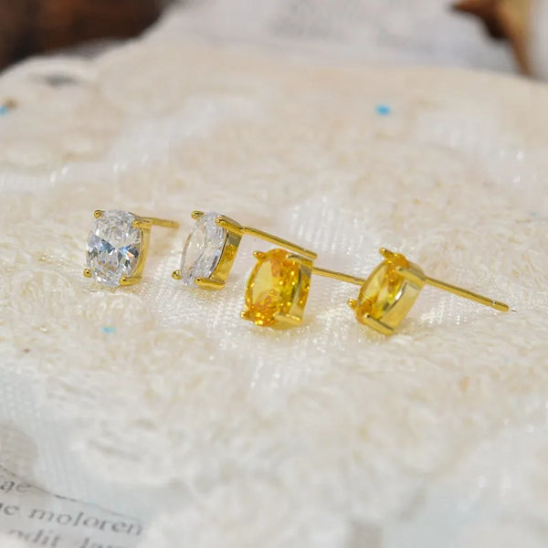 Japanese Colorful and Simple S925 Silver Stud Earrings, Citrine White Topa Shining Zircon Gold-plated Earrings, Factory Direct W