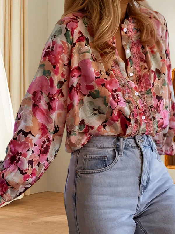 Women s Long Sleeve Round Neck Ruffle Trim Button Down Floral Blouse Loose Casual Top Streetwear Fashion Trend