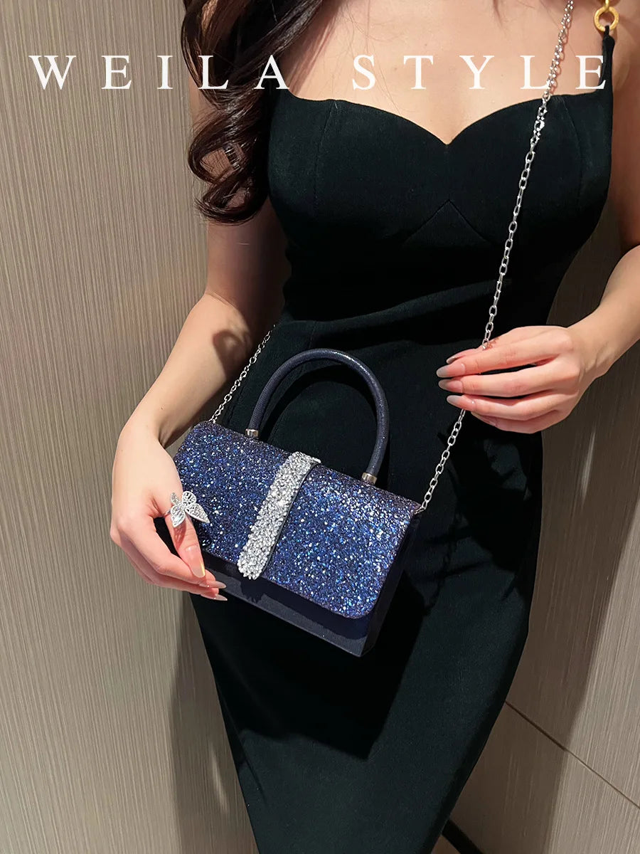 Sparkly Glliter Rhinestone Evening Bag With Handle Elegant Royal Blue Clutch Purse For Wedding Party Dinner Bag Banquet Bag