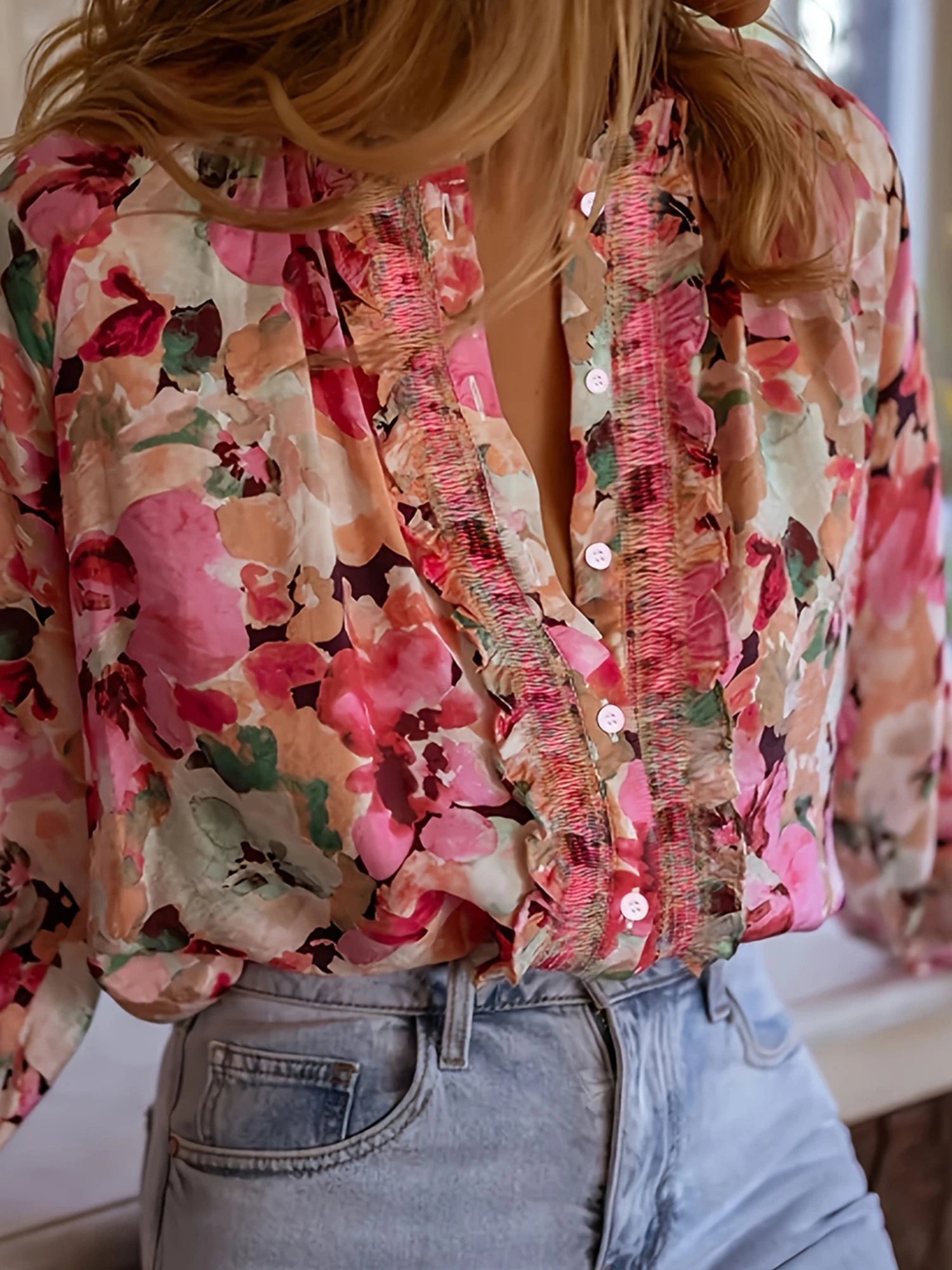 Women s Long Sleeve Round Neck Ruffle Trim Button Down Floral Blouse Loose Casual Top Streetwear Fashion Trend