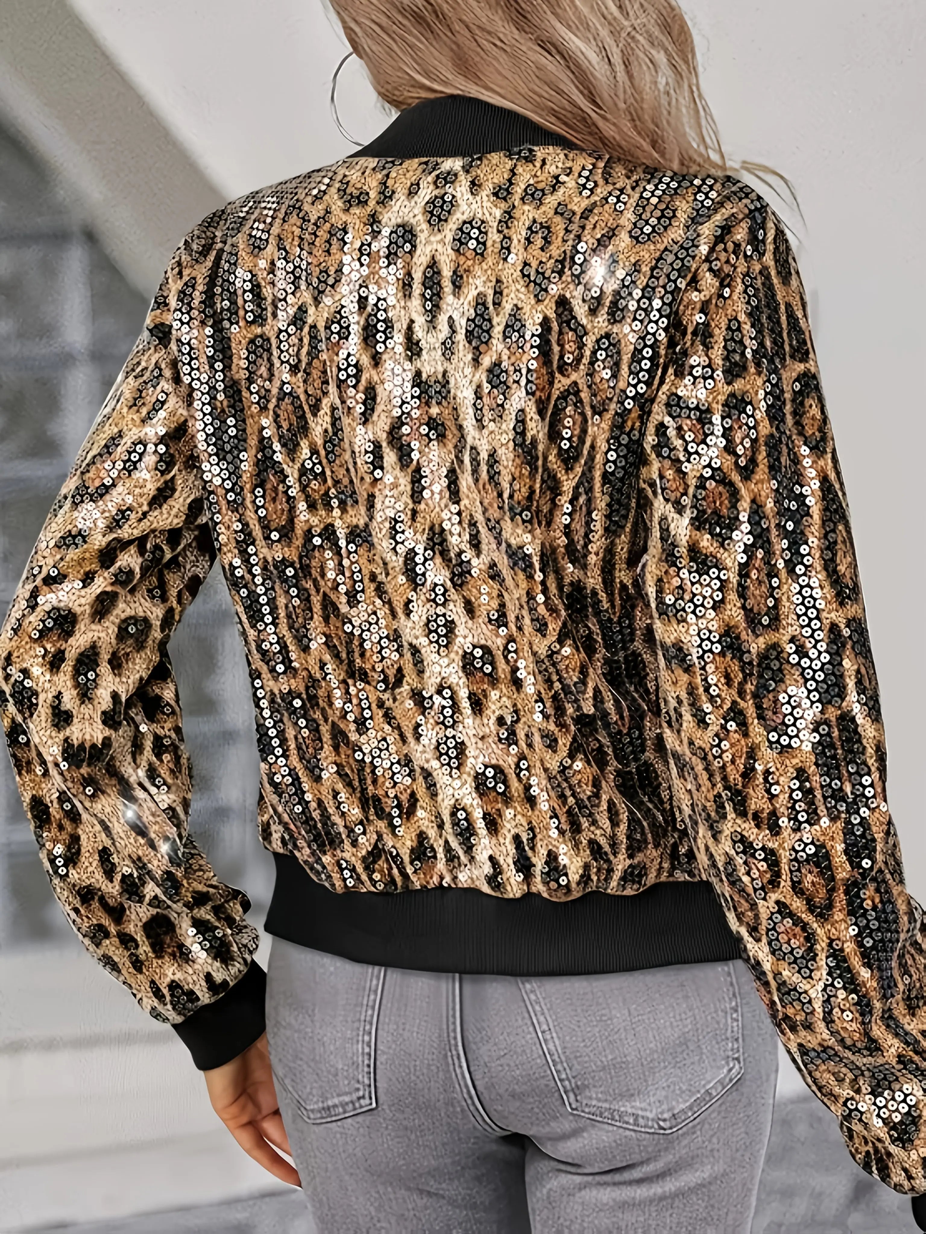 Leopard Print Sequin Open Placket Zipper Fashion Casual Bomber Jacket